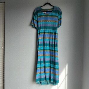 Vtg 90s‎ Betsy's Things Womens 18 Pintuck Tie Back Boho Striped Blue Rayon Dress